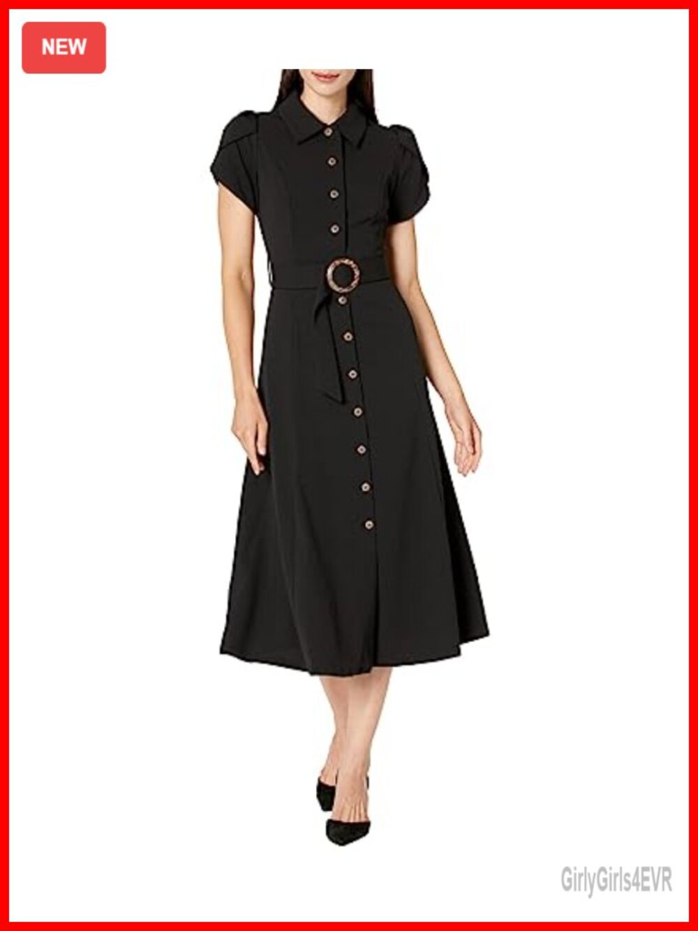 Scuba Crepe Midi Shirtdress with Ruffle Skirt & Tie Belt - Short Sleeve